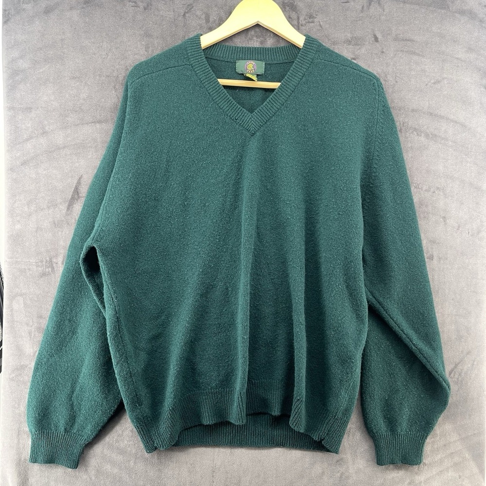 Vintage Club Room 100% Lambswool Green V-Neck Sweater Mens Size L Rare
